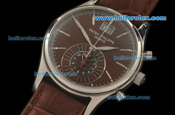 Patek Philippe Complicated Chronograph Swiss Quartz Movement Steel Case with Brown Dial and Brown Leather Strap - Click Image to Close